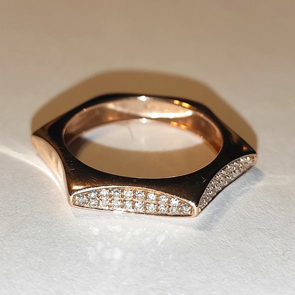 Solid 14K Rose Gold Diamonds Hexagon Ring